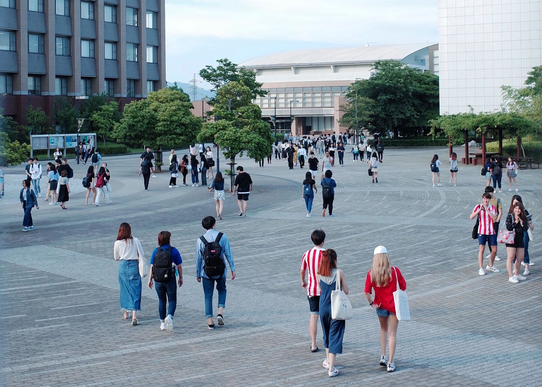 Vue d'étudiants dans la cour d'un établissement d'enseignement