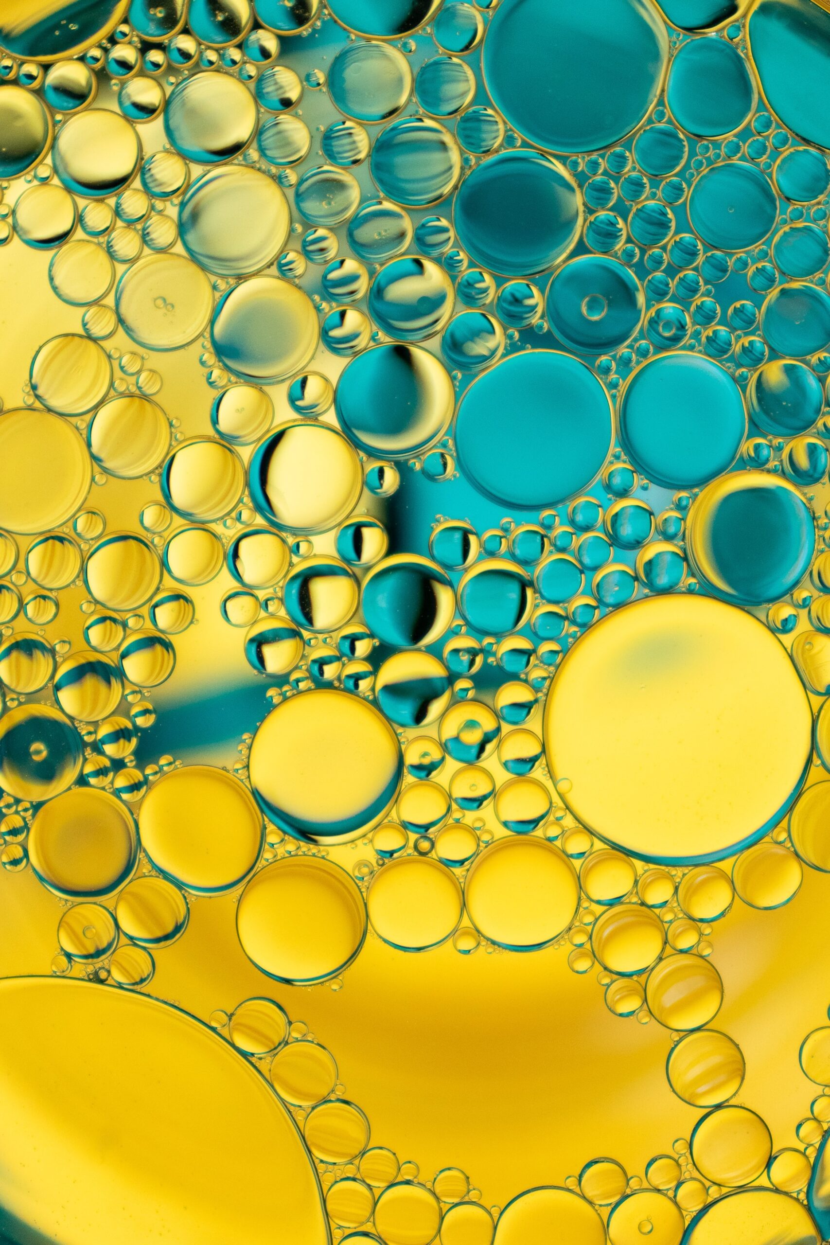 Bulles jaunes et bleues vues au microscope