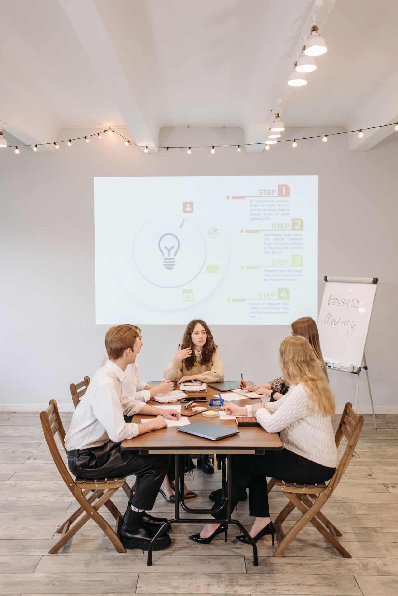 Cinco personas blancas sentatas alrededor de una mesa
