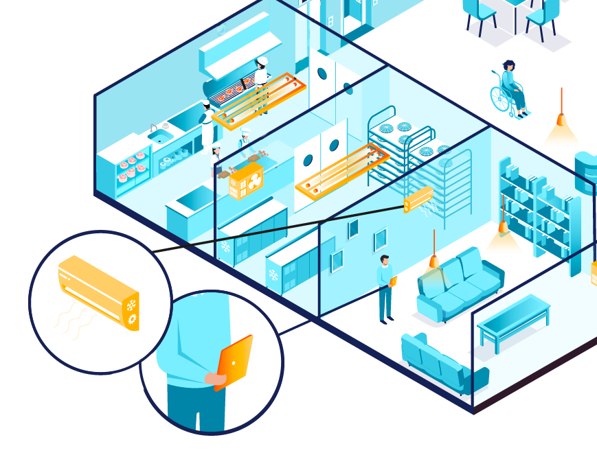 Illustration d'une vue en coupe d'une maison de retraite t des équipements pilotés grâce à la GTB